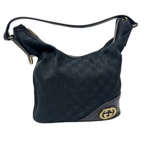 Gucci Medium Britt Hobo Shoulder Bag Black Monogrammed Canvas Gold Tone Hardware